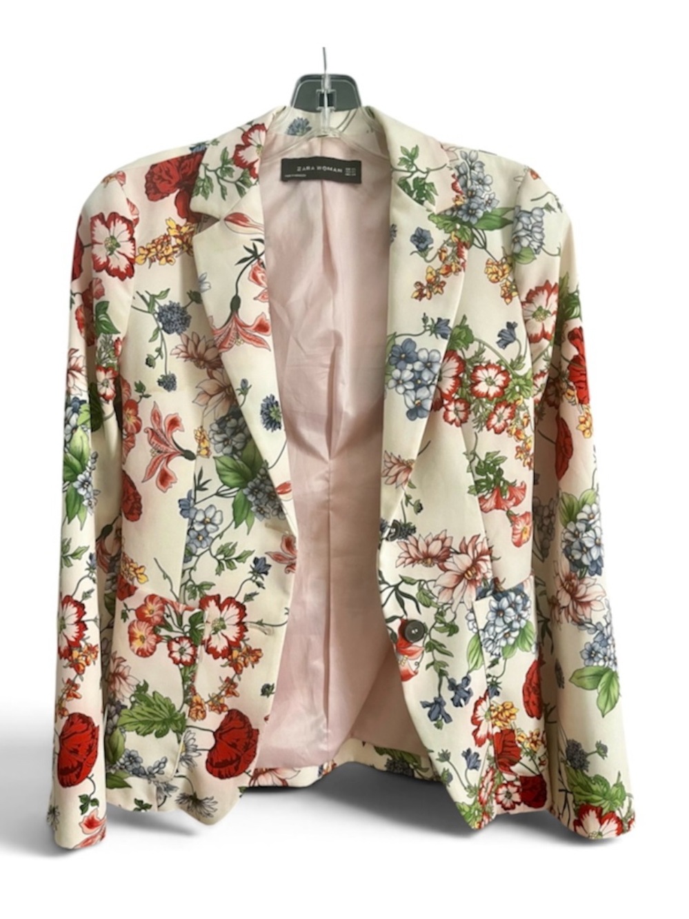 ZARA Cream Floral Blazer Jacket Top Pink, Red, Green & Blue Flowers Blooms S XS